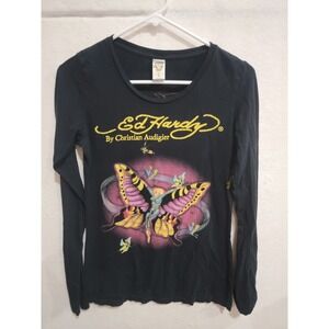 Ed Hardy by Christian Audigier Black Butterfly Long Sleeve Shirt Sz S Vtg Y2K